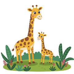 Two adorable giraffes family standing in a lush green landscape with tropical plants isolated on white background
