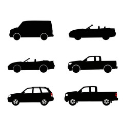 Diverse silhouettes of cars trucks and vans displayed in a grid layout collection isolated on white background
