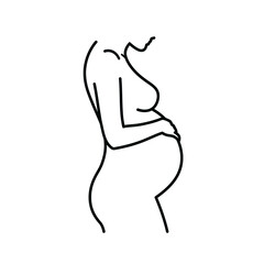 Naklejka premium Minimalist pregnant woman silhouette outline art gentle maternal embrace expecting mother beauty isolated on white background