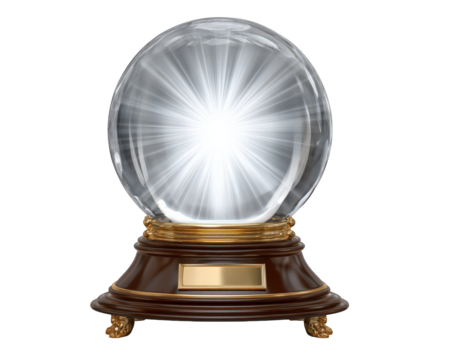 Mystical glowing crystal ball for magic and divination. This spiritual orb on an ornate stand, tool for seeing future and predicting fortune, evokes mysterious feeling