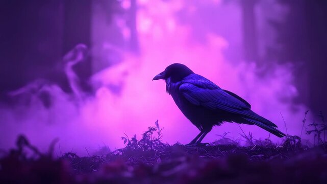 Mystical Raven Perched in a Purple Haze Forest, Cinematic Video Frame - Powered by Adobe