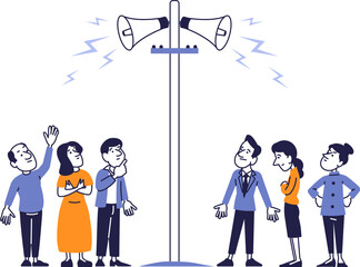 Vector illustration of people reacting to a loud announcement from megaphones. Concept of communication, propaganda, mass media, and society.