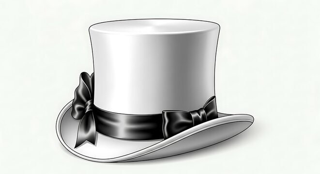 Classic White Top Hat with Black Silk Ribbon Illustration.