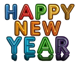 Glowing Happy New Year neon sign with colorful text. This joyful and festive 3D rendering with reflection perfect design element for holiday party celebration