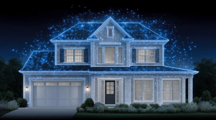Fototapeta premium Two-story suburban smart home glowing blue lights image with digital overlay. Data dwelling modern IoT technology photography conceptual. Internet of things concept photo realistic