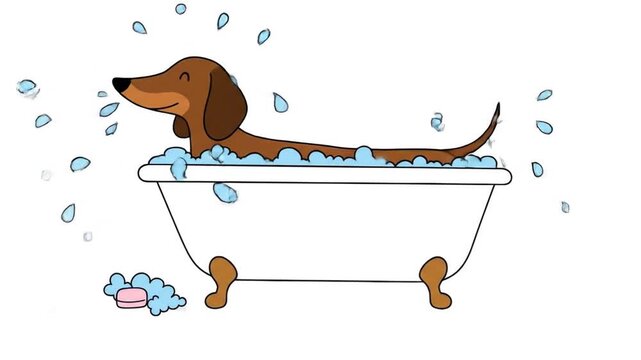 A brown dachshund bathes in a white bathtub with bubbles