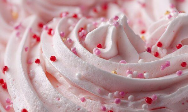 marshmallow cream, with pink and red sprinkles, from above, macro photography