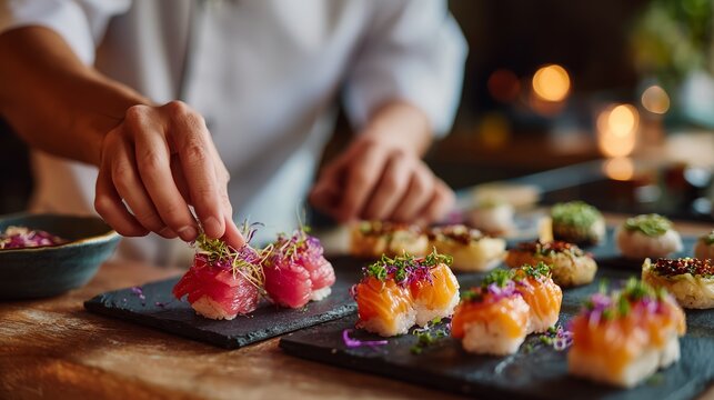 Sushi chef carefully plating vibrant sushi creations in a cozy restaurant during evening service hours