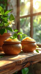 Couscous jars by sunlit window sill