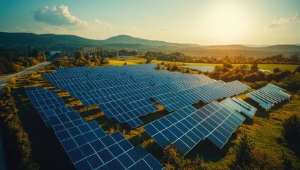 Solar panels shine in fields with mountain backdrop