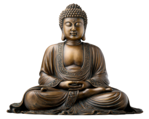 Golden Buddha figurine statue in serene meditation. intricate robe detail on spiritual bronze sculpture creates peaceful and calm feeling of enlightenment