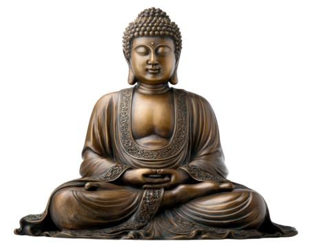 Golden Buddha figurine statue in serene meditation. intricate robe detail on spiritual bronze sculpture creates peaceful and calm feeling of enlightenment