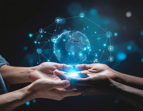 woman hand touching virtual screen