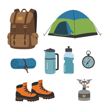 Essential outdoor adventure gear collection for camping hiking and mountaineering trips isolated on white background