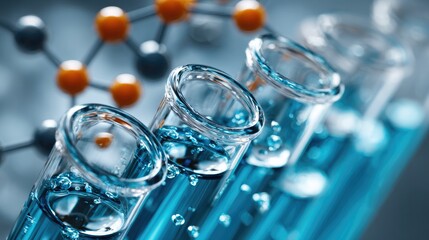 Close-up of laboratory glass test tubes with blue chemical solution and molecular structure background