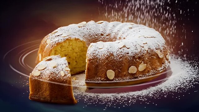 Delicious Homemade Almond Bundt Cake Dusted with Powdered Sugar.
