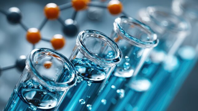 Close-up of laboratory glass test tubes with blue chemical solution and molecular structure background