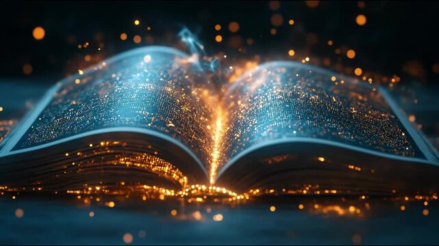 An open book with glowing particles and digital data flowing out, symbolizing knowledge and technology.