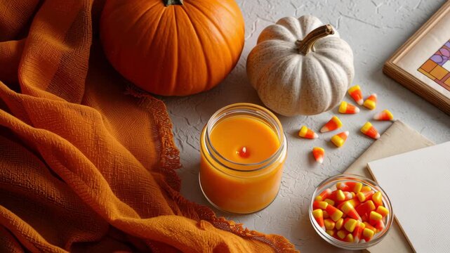 Cozy autumn night filled with pumpkins, candy corn, and warm candle glow creates perfect atmosphere for Halloween board game decoration fun