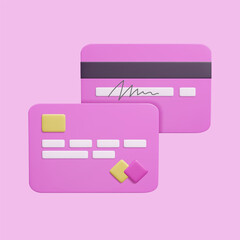 Cute pink 3D credit card vector illustration. Front and back side of a plastic bank card contactless online secure payment concept. E-commerce online banking debit credit card 3D render.