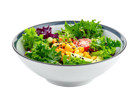 Colorful salad in a white bowl with a dark gray trim, isolated on black
