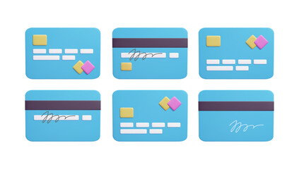 Big bundle of blue credit card designs 3D render vector illustration. Front and back side of a plastic card with contactless payment chip, magnetic strip, signature sign. Secure online shopping 3D.