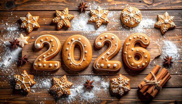 Delicious gingerbread cookies spelling out 2026 for a festive holiday celebration on rustic wood, perfect for greeting cards, social media, and holiday promotions