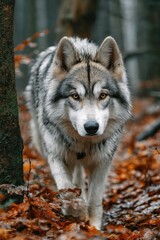 Obraz premium Wolf walks through a forest covered in autumn leaves during a misty afternoon