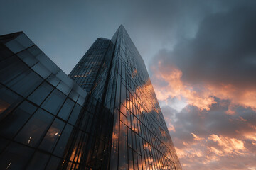 Futuristic glass skyscraper reflecting dramatic sunset sky, modern city vibes
