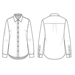 Front and back flat sketch of a classic long-sleeve button-up shirt for apparel design isolated on white background