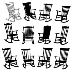 Collection of rustic traditional wooden rocking chairs in various styles and silhouettes isolated on white background