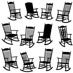 Collection of silhouette rocking chairs in various poses for relaxing ambiance and cozy home decor isolated on white background