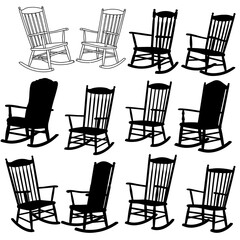 Collection of traditional wooden rocking chairs in various styles and silhouettes for relaxing home decor and furniture design isolated on white background