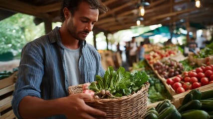 A candid shot of a man browsing a bustling farmer’s market, carefully selecting fresh vegetables. He holds a rustic wicker basket filled with vibrant greens, tomatoes, and root vegetables. Sunlight  - Powered by Adobe