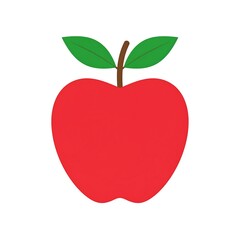 Simple graphic illustration of a red apple with green leaves on a white background