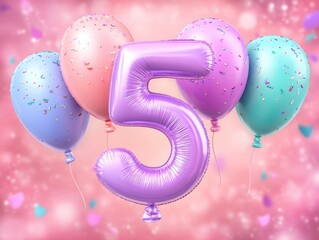 Shimmering number five balloon in pastel hues. Playful decoration for children's parties or milestone photos.
