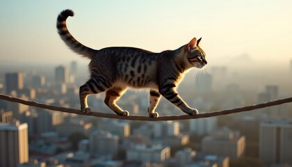 Fluffy Feline Balancing Gracefully Over Glittering Urban Night Horizon