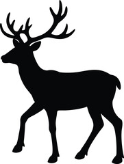 Obraz premium Black deer silhouette vector illustration of a wild stag with antlers, isolated against a white background for Christmas nature and wildlife illustration