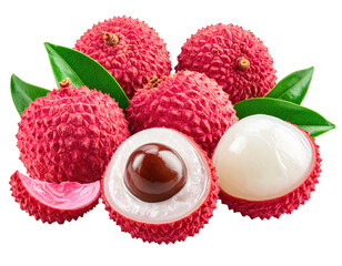 Group of red, textured fruits with green leaves, one cut to reveal the inside