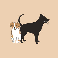 Two dogs silhouette and realistic portrait companionship playful friendship animal art isolated on white background