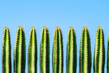 Line of tall green cacti against bright blue sky