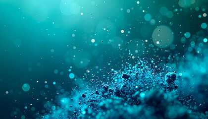 Dynamic deep blue water particles suspended in vibrant bokeh light, evoking a sense of microscopic wonder and fluid motion ideal for science or abstract backgrounds
