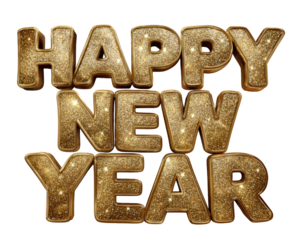 Happy New Year festive glitter lettering in shiny gold text for celebration. joyful and luxurious message with sparkling detail on transparent background for design