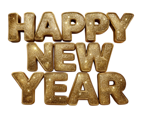 Happy New Year festive glitter lettering in shiny gold text for celebration. joyful and luxurious message with sparkling detail on transparent background for design