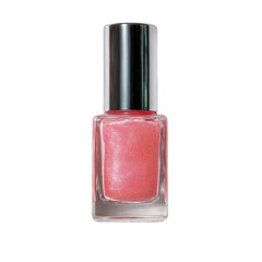 Coral nail polish in glass bottle, silver cap, dark background