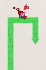 Sketch image artwork montage 3D photo collage of sledge fun young lady sit hand hold present arrow way december xmas newyear merry spirit