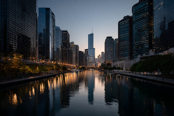 Fototapeta premium Modern city skyline at dusk, glowing skyscrapers reflected in water, calm cinematic vibe