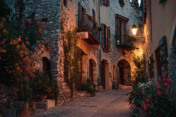 Narrow European street with old stone buildings, warm evening lights, cozy urban atmosphere