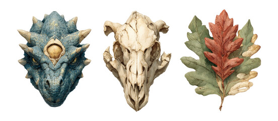 Detailed Fantasy Creature Head Skulls and Leaf Art with Isolated Transparent Background
