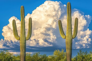 Two saguaro cacti stand tall against a dramatic sky of fluffy white clouds